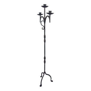 Hand Forged Iron Floor Candelabra 52″ (133cm) Antique Copper Patina 3-Arm Classic Plate Candle Holder Tall Rustic Decor For Sale