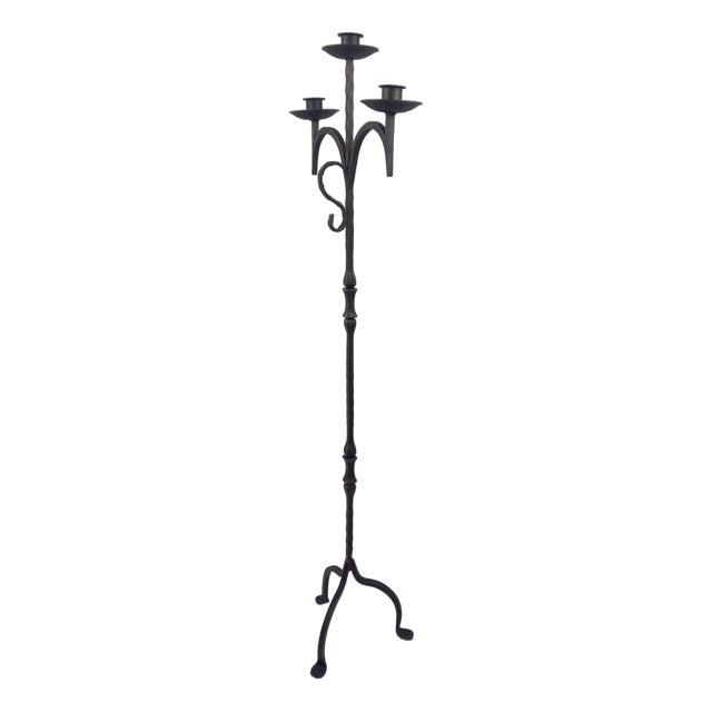 Hand Forged Iron Floor Candelabra 52″ (133cm) Antique Copper Patina 3-Arm Classic Plate Candle Holder Tall Rustic Decor For Sale
