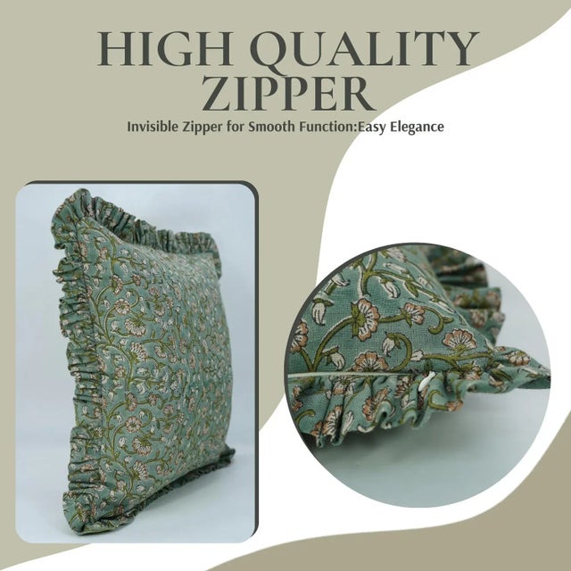 Art Deco Fabdivine Handmade Block Printed Cushion Cover Green 14x36 Inch Pure Linen- Himachal For Sale - Image 3 of 5