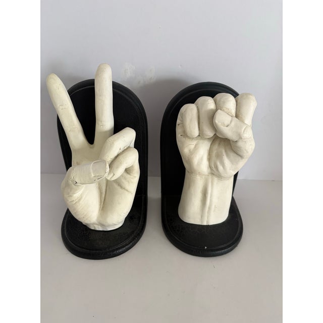 Vintage 1970s Pop Art Peace Sign & Power Fist Sculptural Bookends – Set of 2 For Sale - Image 4 of 10