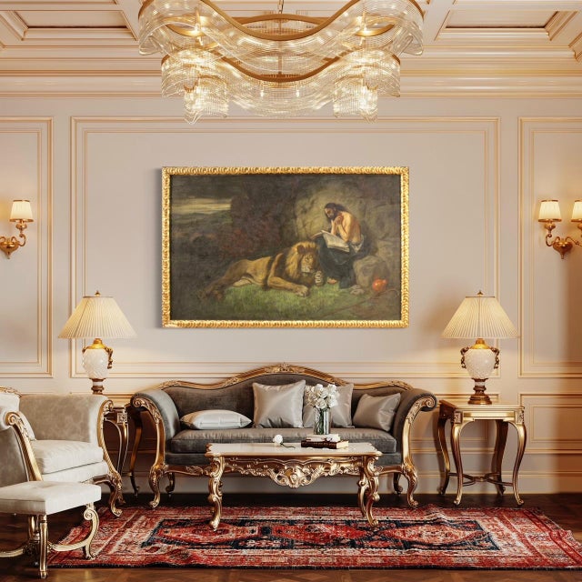 Italian Artist, Saint Jerome with Lion, 1950, Mixed Media, Framed For Sale - Image 9 of 16