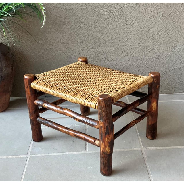 Rustic Chic Mid 20th-Century Hickory Wood & Handwoven Double Twill Plaited Cane Bench For Sale - Image 12 of 18