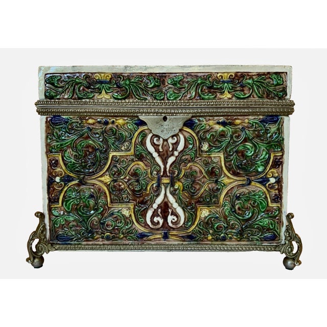 19th Century Majolica Nasrid Style Palissy Lidded Box Casket. Unmarked Attributed Thomas Sargent France. Metal Mounts Ball...