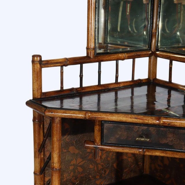 Wood Antique Asian Bamboo Corner Etagere With Floral Leather Tooling & Mirror C1890 For Sale - Image 7 of 16