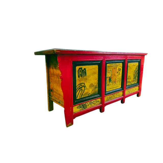Late 19th Century Hand Painted Converted Desk Red Gansu Sideboard Cabinet Grain Bin For Sale - Image 4 of 12