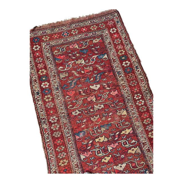 Antique Kurdish with Flower Border Variations of Reds Rug 3.9 x 5.10 For Sale