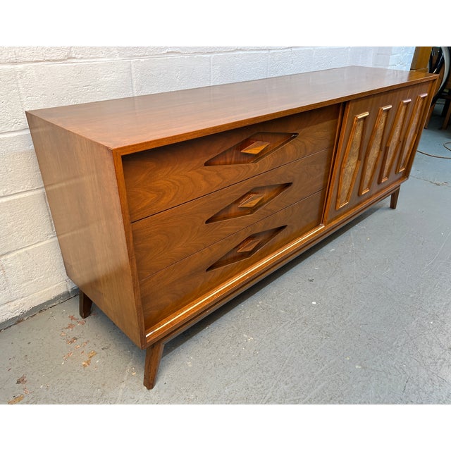 Mid 20th Century Unique Mid-Century Burl and Walnut Diamond Motif Credenza For Sale - Image 5 of 16