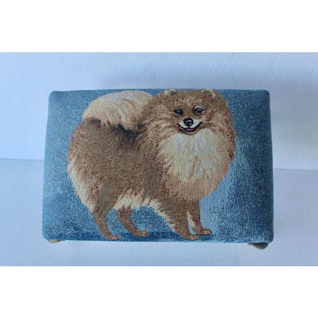 Blue Vintage Pomeranian Tapestry Upholstered Cast Brass Cabriole Legs Footstool For Sale - Image 8 of 10