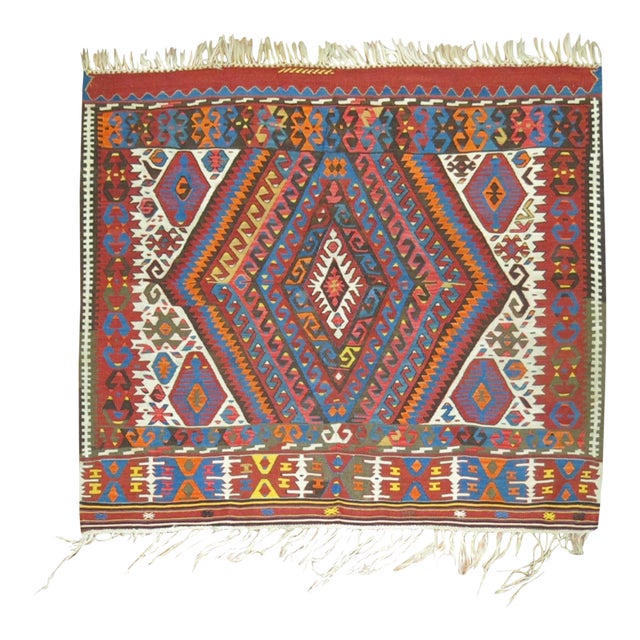 Antique Square Turkish Tribal Kilim - 4'4" x 5'2" For Sale