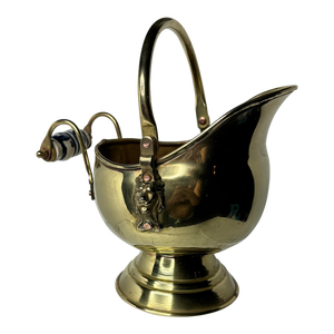 Antique Brass Coal Scuttle With Blue and White Ceramic Delft Style Handle