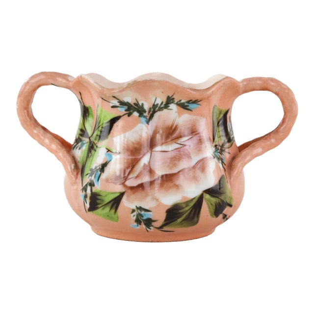 Vintage Peach Porcelain Dual-Handle Floral Mug| Antique Decorative Container For Sale