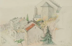 H. Christiansen, Street and Church in Fischbach in Luxembourg, 1924, Pencil