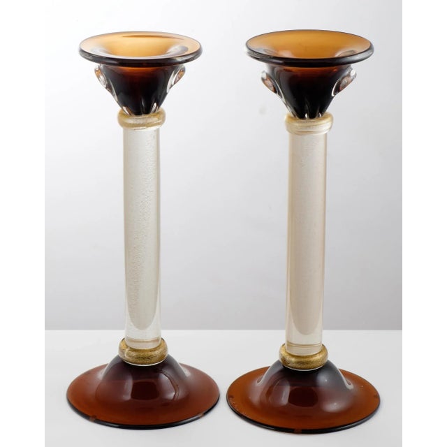 Alberto Donà Murano Amber & "Avventurina" Glass Candlesticks - a Pair For Sale - Image 4 of 10