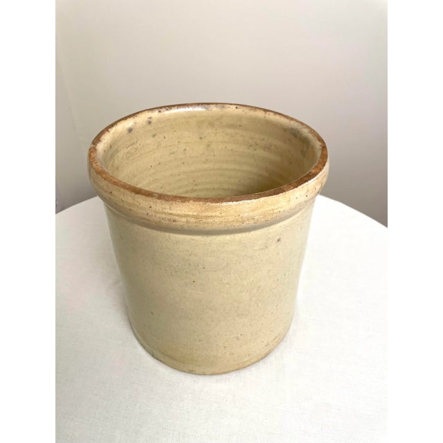 Cream Antique Early American Salt-Glazed Cream & Cobalt Blue Large Stoneware Crock For Sale - Image 8 of 12