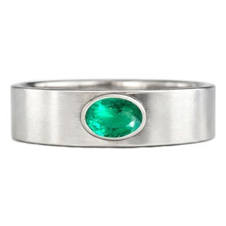 Bezel Set Oval Emerald Wide Matte Band Silver, Gold, Size 10 For Sale