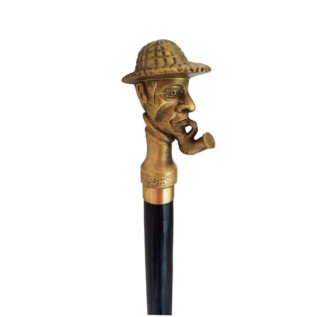 Antique Black Wooden Folding Walking Stick Cane With Sherlock Holmes Head Handle For Sale - Image 6 of 8