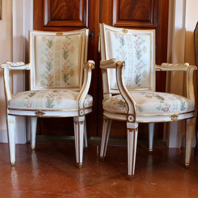 Late 20th Century Pair of Swedish Gustavian Style Painted and Gilt Neoclassical Style Armchairs For Sale - Image 5 of 12