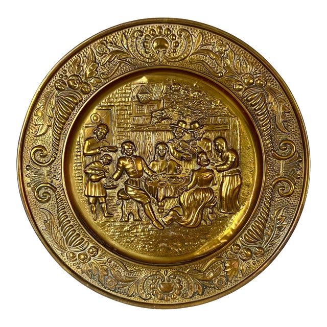 Pair of Early 20th Century English Embossed Brass Decorative Platter – Peerage For Sale