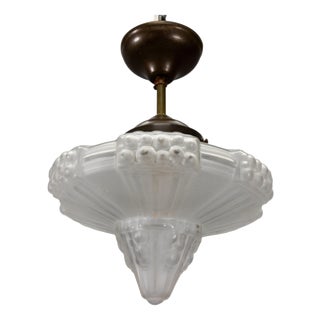 Art Deco French Frosted White Glass and Brass Ceiling Light, 1930s For Sale