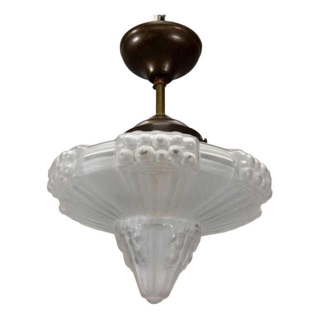Art Deco French Frosted White Glass and Brass Ceiling Light, 1930s For Sale