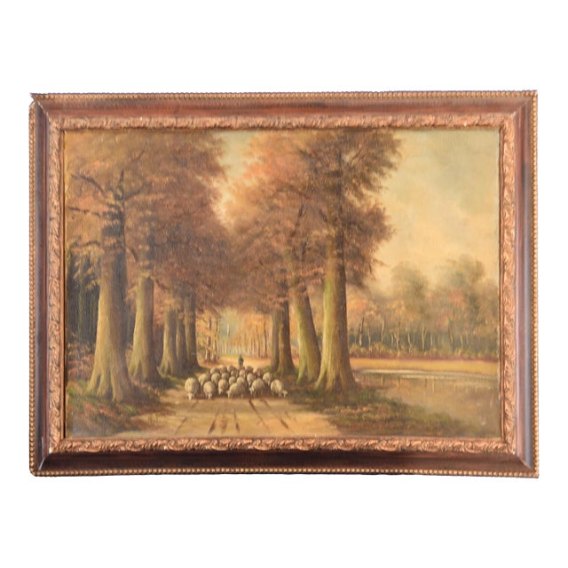 1990s Autumn Drive With Shepherd and Flock, Oil on Canvas For Sale