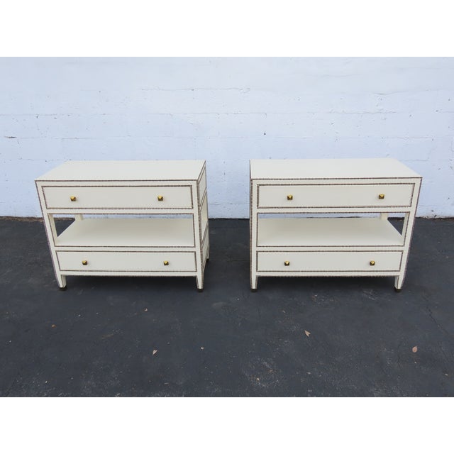 Cream Bernhardt Hollywood Regency Bonded Leather Large Nightstands Chests a Pair 6660 For Sale - Image 8 of 18