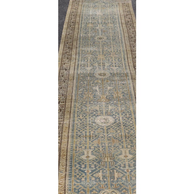 Cerulean Long Antique Persian Malayer Runner in Gray, Blue, Green With All-Over Design For Sale - Image 8 of 13