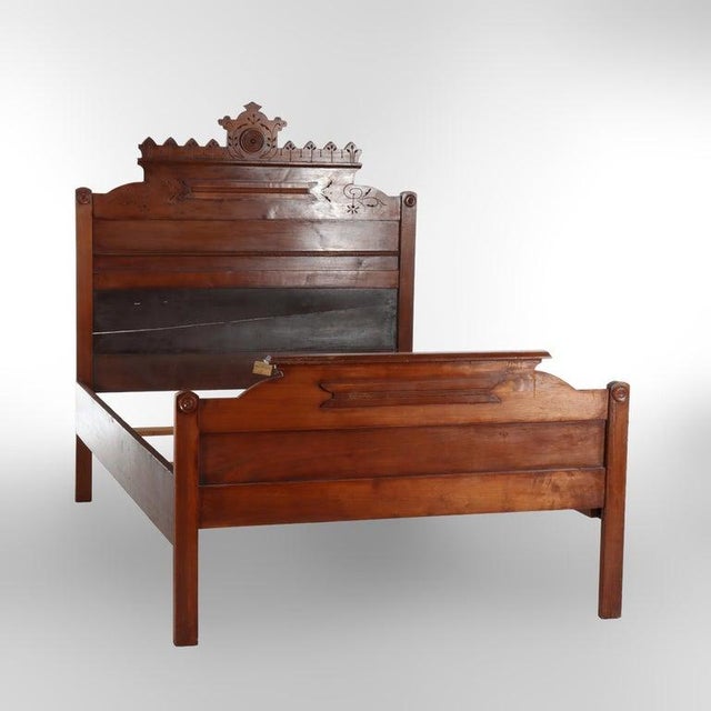 Victorian Antique Eastlake Chip Carved Walnut Full Size Bed C1900 For Sale - Image 3 of 17