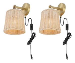 Ciaran 9.5" Rattan Plug-In Wall Sconce in Natural/Brass - a Pair