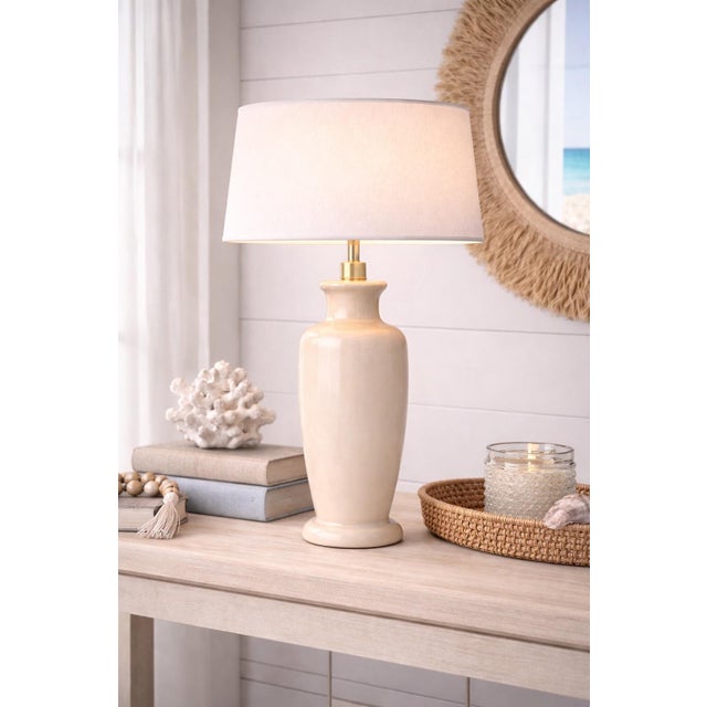 Vintage Cream Glazed Ceramic Urn Table Lamp – Sculptural Neutral Form with Socket-Fit Drum Shade, Coastal Transitional...