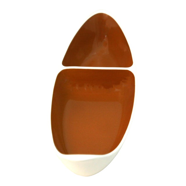 Mid Century Modern Ceramic White & Rust Taylor Smith Boat Shaped Divided Bowl For Sale