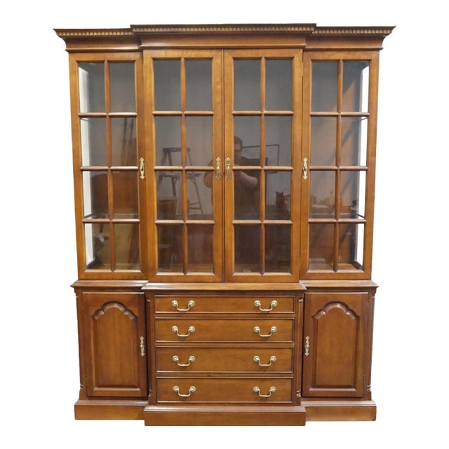 High End Vintage Solid Mahogany Traditional Style 67" Lighted Display Breakfront China Cabinet For Sale