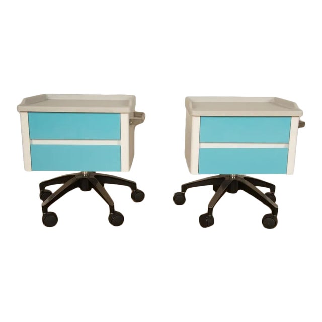 1970s White & Blue Two Drawers Side Cabinets on Rolling Base - Set of 2 For Sale
