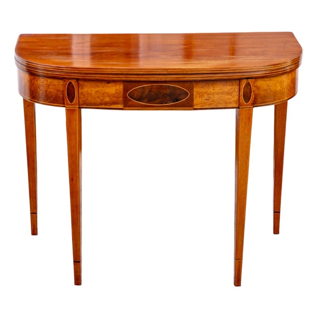 Antique American Federal North Shore Inlaid Mahogany Demilune Games Table For Sale