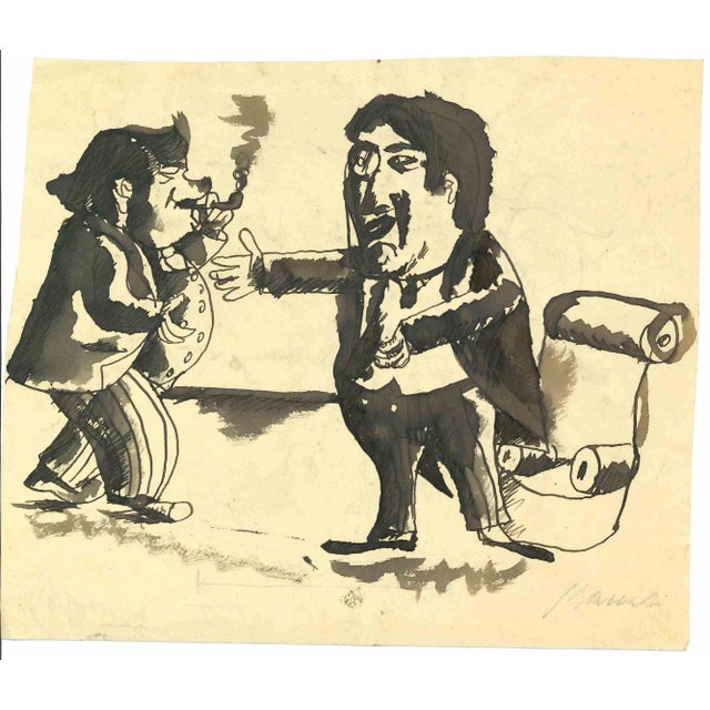 Mino Maccari, The Men in Discussion, Original Drawing, Mid-20th-Century For Sale