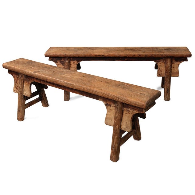 Wood Set of Narrow Elm Benches For Sale - Image 7 of 7