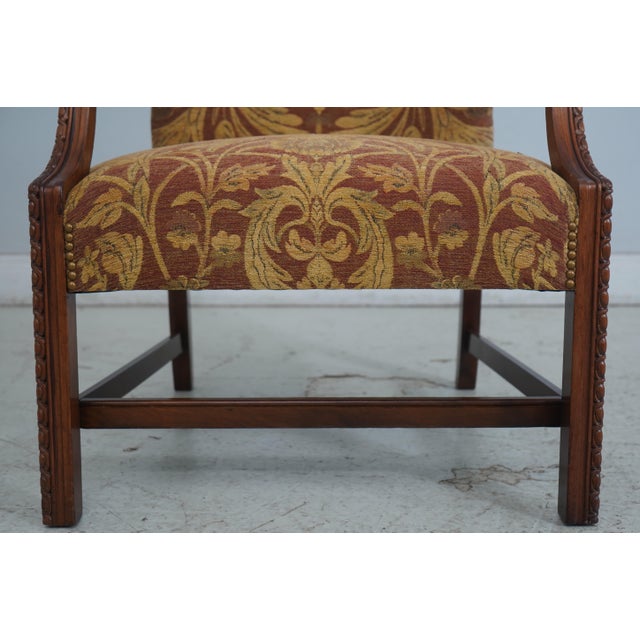 Chippendale Newly Upholstered Damask Print Open Arm Library Chair For Sale - Image 9 of 18