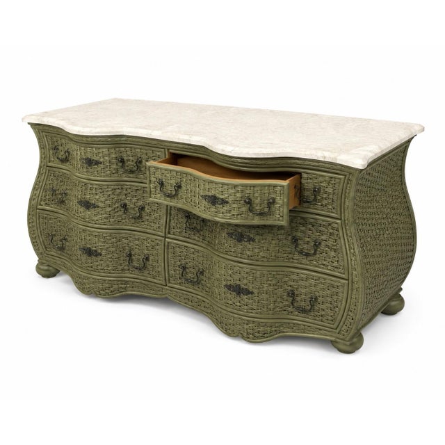 Coastal Coastal Wicker Chest Credenza by Whitecraft for Woodard Serpentine With Travertine Top For Sale - Image 3 of 6