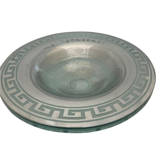 Stephen Schlanser 16'' Diameter Silver Glass Bowl Centerpiece Greek Key. Signed For Sale - Image 4 of 10