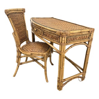1970s Wicker and Bamboo Writing Desk/Vanity For Sale