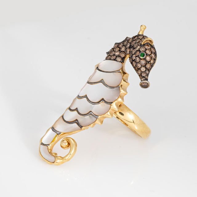 Contemporary Convertible Seahorse Ring to Pendant Estate Diamond 18k Yellow Gold Sz 7 Ocean For Sale - Image 3 of 8