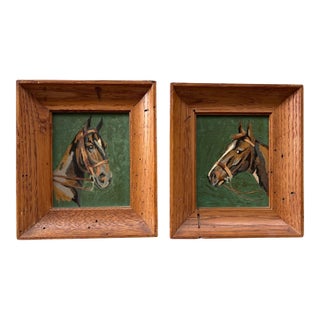 Pair of Vintage Equestrian Horse Portrait Oil Paintings in Rustic Wood Frames For Sale