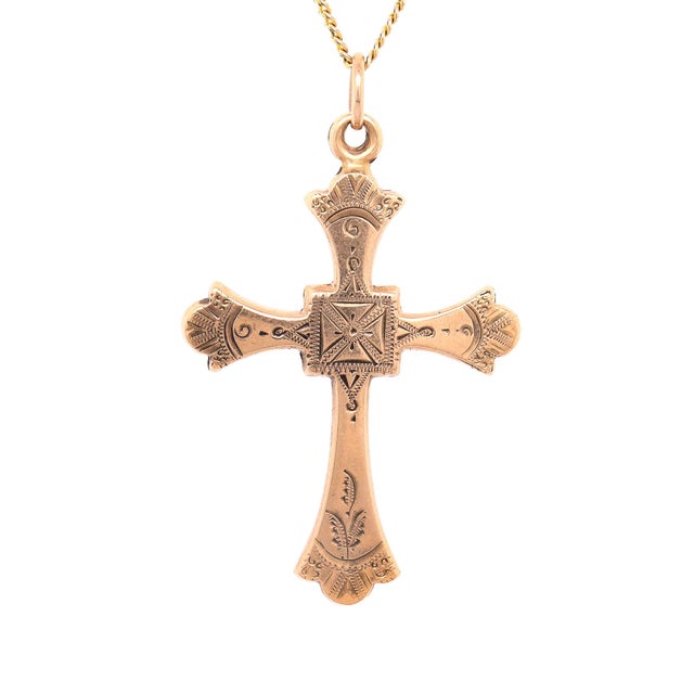 Antique Victorian 10k Gold Engraved Cross Pendant for a Necklace For Sale In Philadelphia - Image 6 of 14