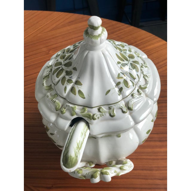 Vintage Italian Green & White Porcelain Botanical Lidded Soup Tureen With Ladle-Signed For Sale - Image 11 of 12
