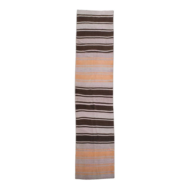 1970s Vintage Handmade Wool Cotton Brown Runner Rug For Sale