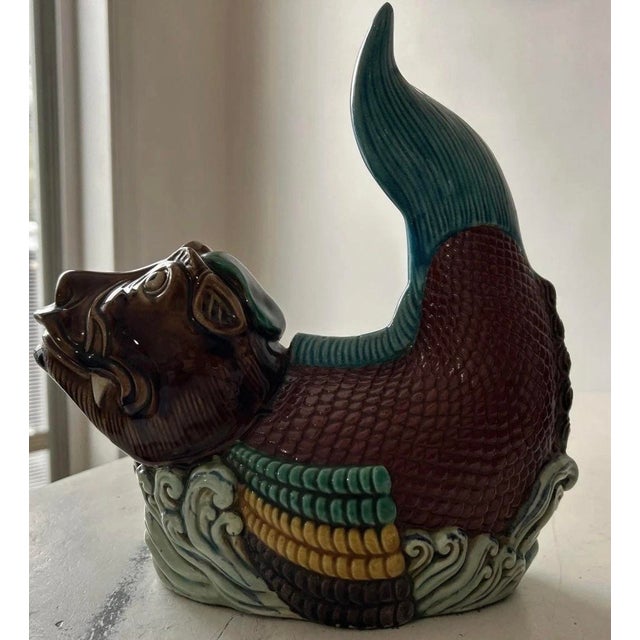Brown Vintage Pair of Chinese Porcelain Statues of Koi Dragon Carp Dragon Fish Figurines. 10"h & 9.5"h For Sale - Image 8 of 14