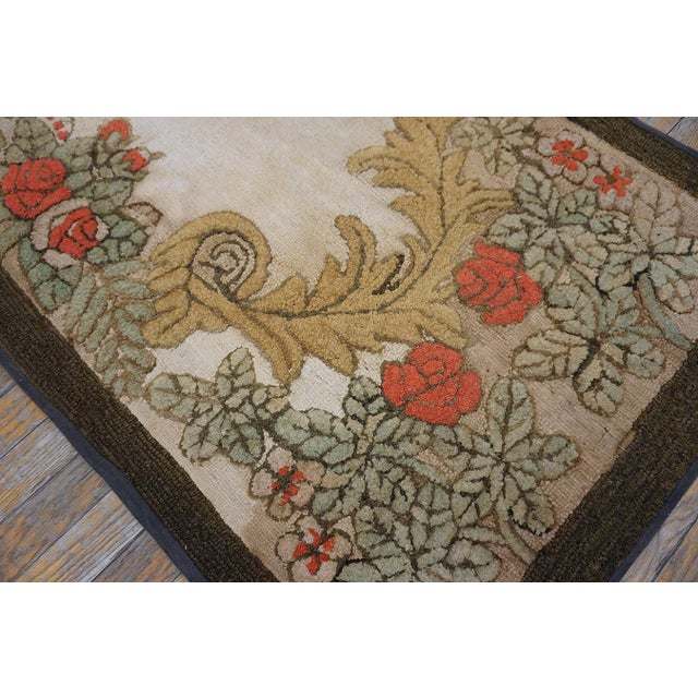 1880s Ivory Roses Folk Art Antique American Hooked Rug 2'8" X 4'11" Handknotted Wool Carpet For Sale - Image 4 of 6