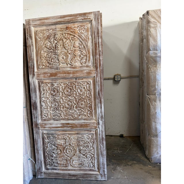 Wood Vintage Hand-Carved Floral Whitewash Wood Sliding Door – Rustic Entry Barn Door 80x36 For Sale - Image 7 of 7