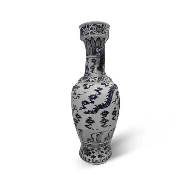 Chinese 1980s' Blue & White Dragon Pattern Floor Vase For Sale - Image 3 of 6