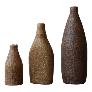Vintage Folk Art Decoupage Masking Tape Bottles, a Trio, Circa 1960s